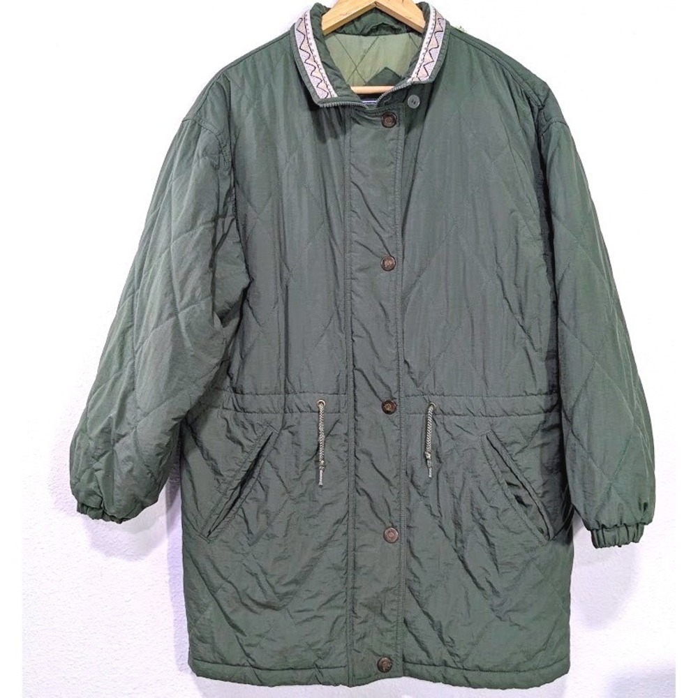 Vintage Olive Green‎ M Quilted Parka Jacket Patterned Collar Drawstring Waist